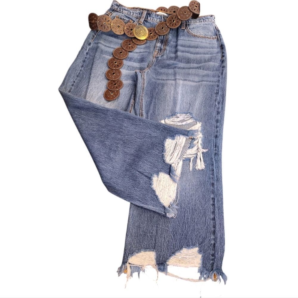 CEROS Vtg Blue Ripped Denim High Rise Frayed Cropped Jeans SZ 31 Straight Wide